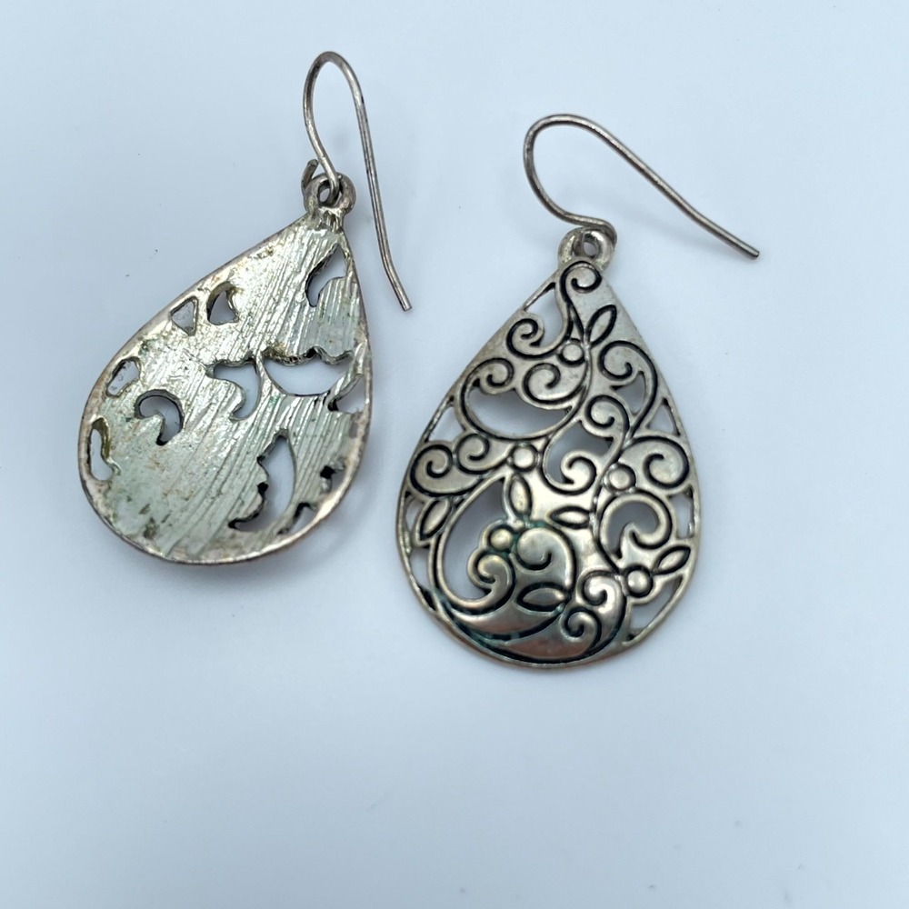 Vintage Celtic-Inspired Silver-Tone Filigree Teardrop Dangle French Hook Earring